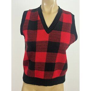 Vintage Barrel Women's 16 Acrylic Knit Black Red Buffalo Check Vest USA